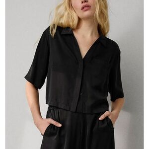 Lunya Washable Silk Black Cropped Short Sleeve Button Up Sleep Shirt